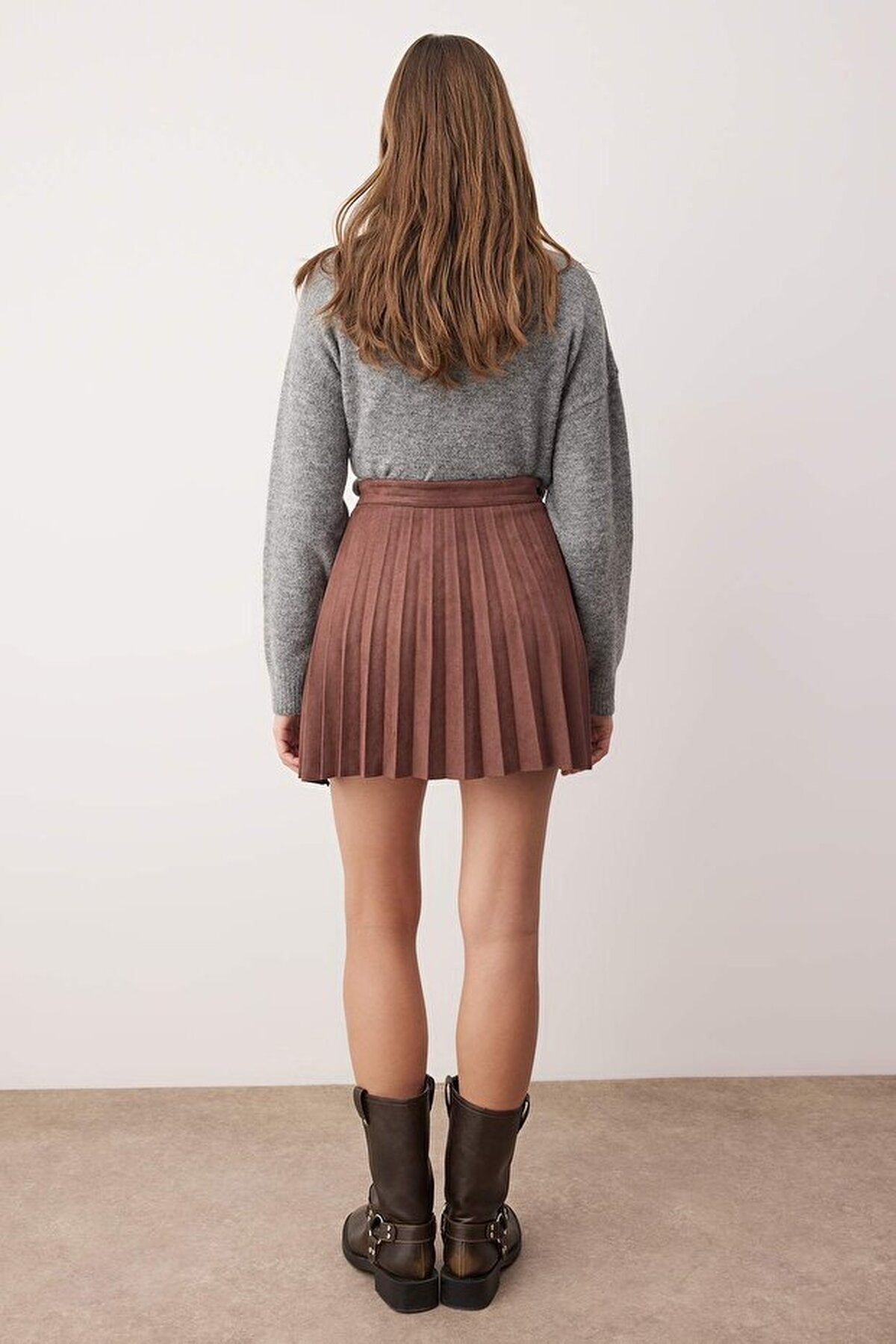 Suede Snap Button A-line Pleated Stretch Mini Skirt