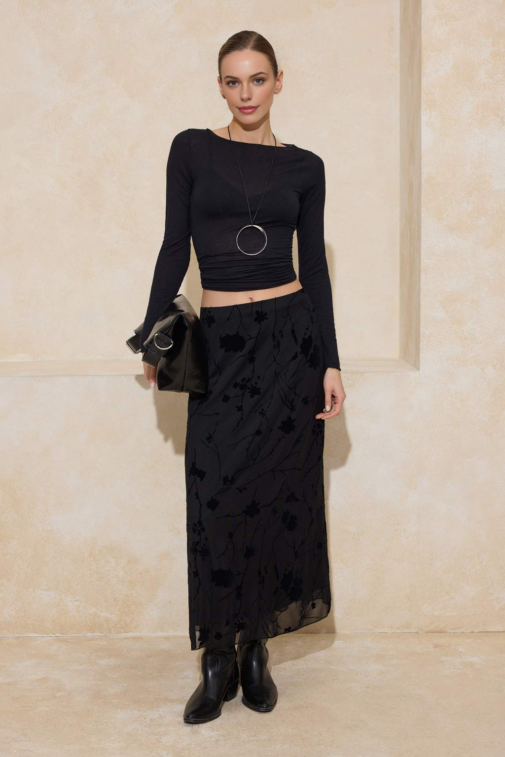 Pencil Maxi Tulle Flexible Knit Skirt with Flock Print