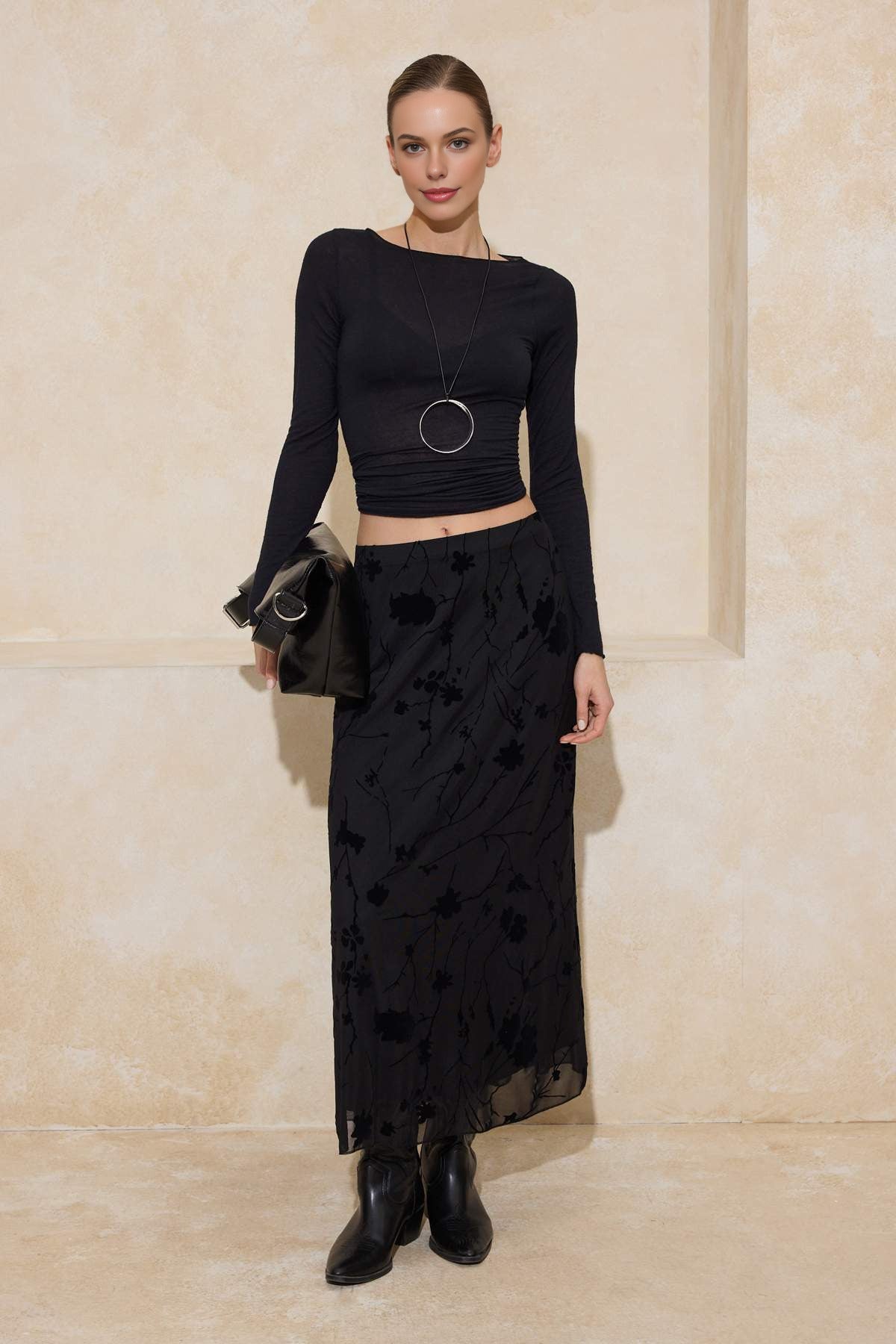 Pencil Maxi Tulle Flexible Knit Skirt with Flock Print