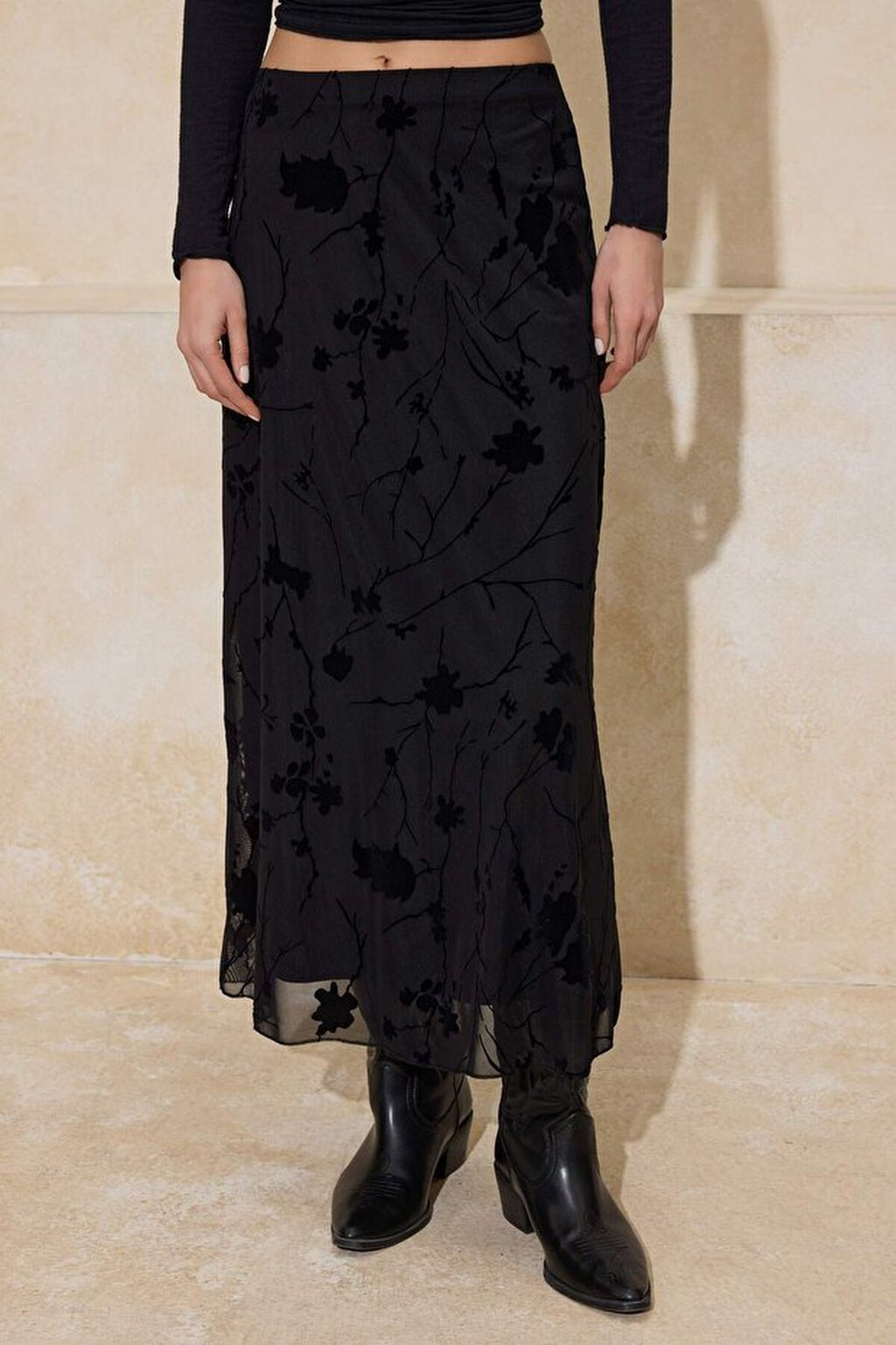 Pencil Maxi Tulle Flexible Knit Skirt with Flock Print