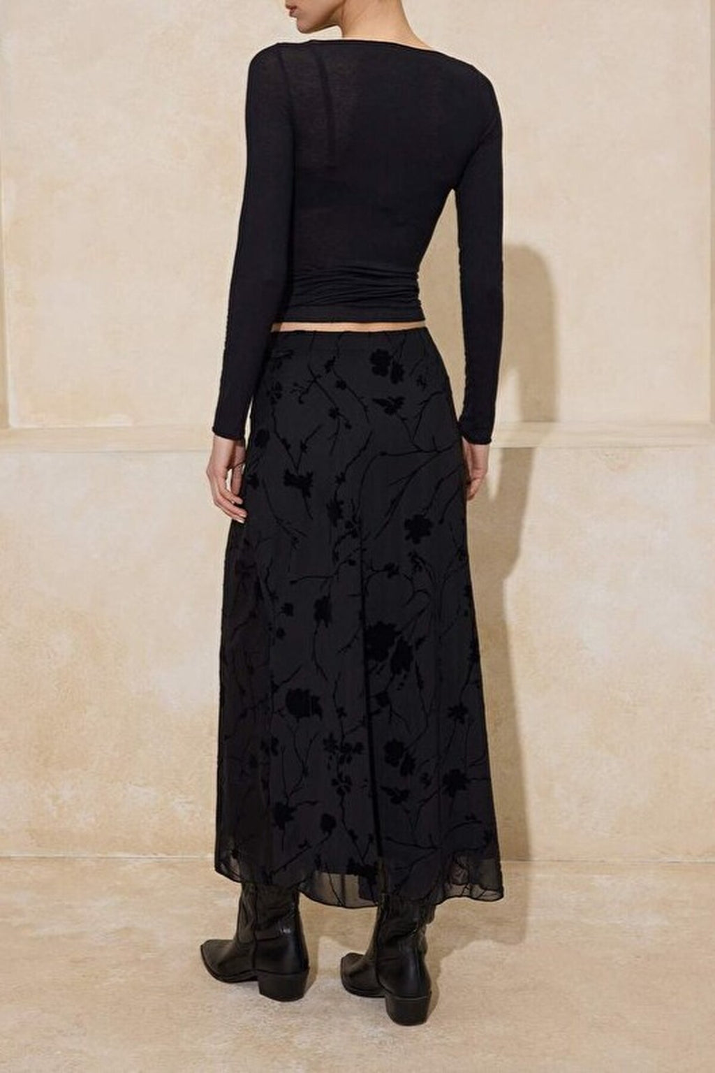 Pencil Maxi Tulle Flexible Knit Skirt with Flock Print