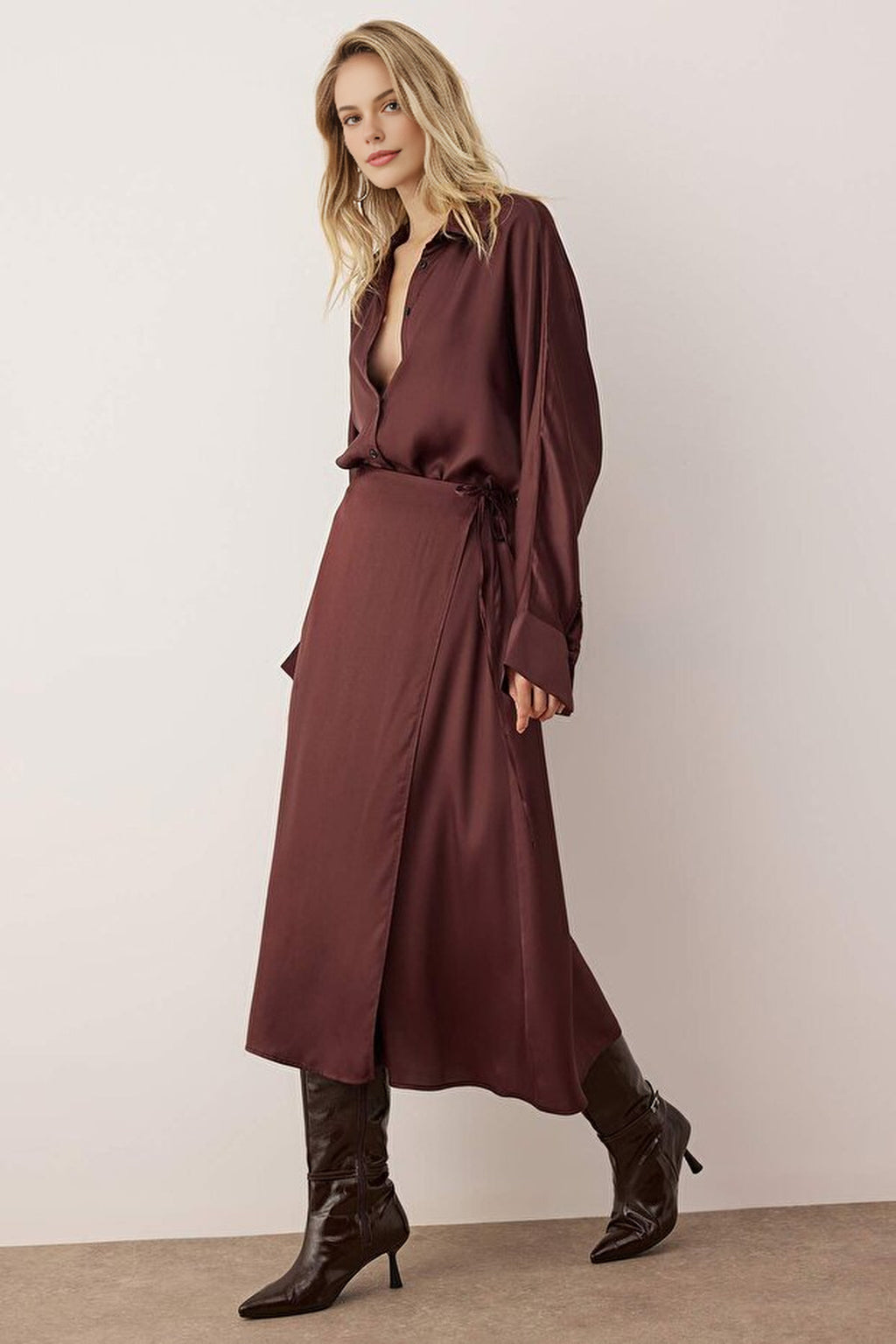 Wrap-Around Tie Detail Woven Satin Midi Skirt