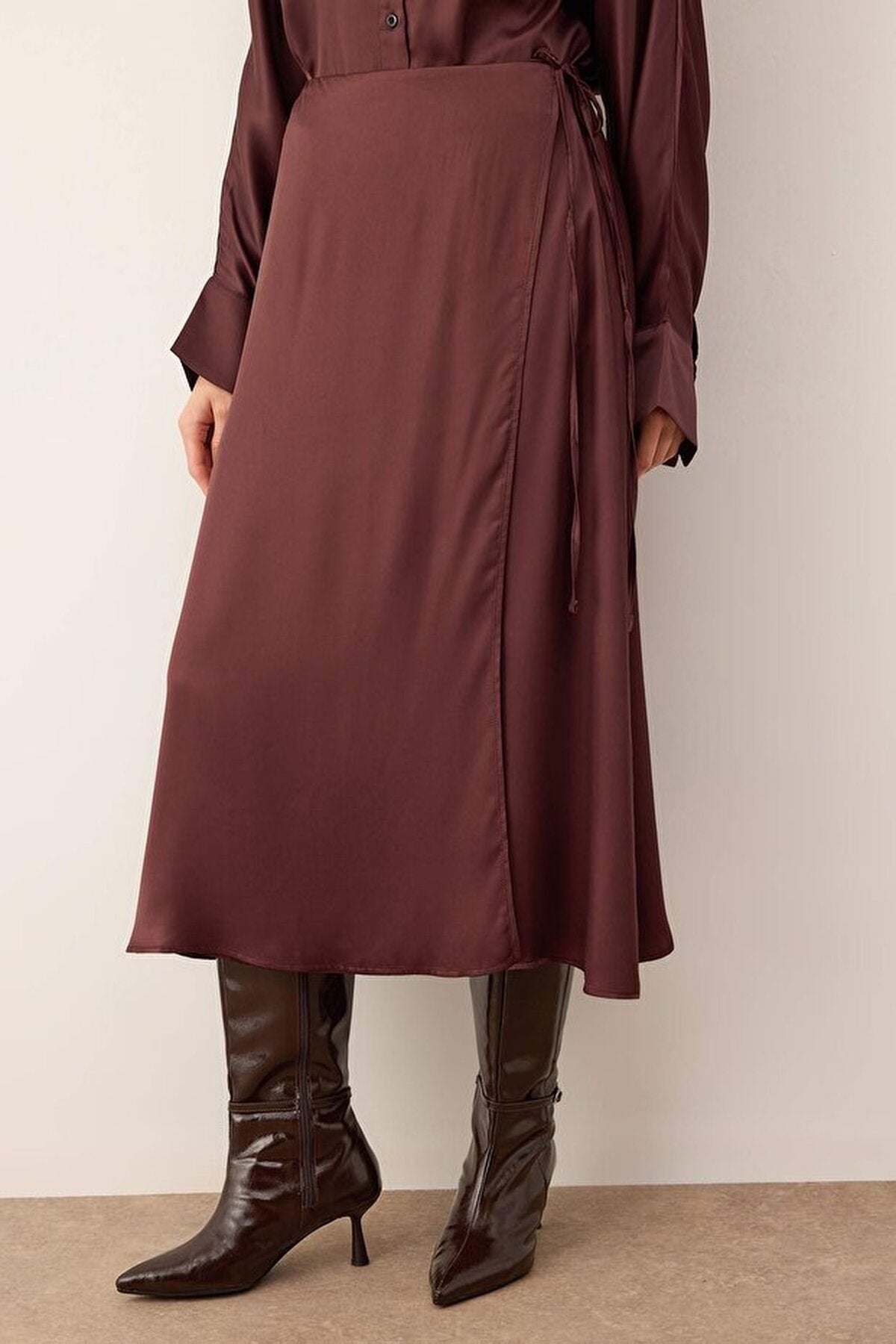 Wrap-Around Tie Detail Woven Satin Midi Skirt