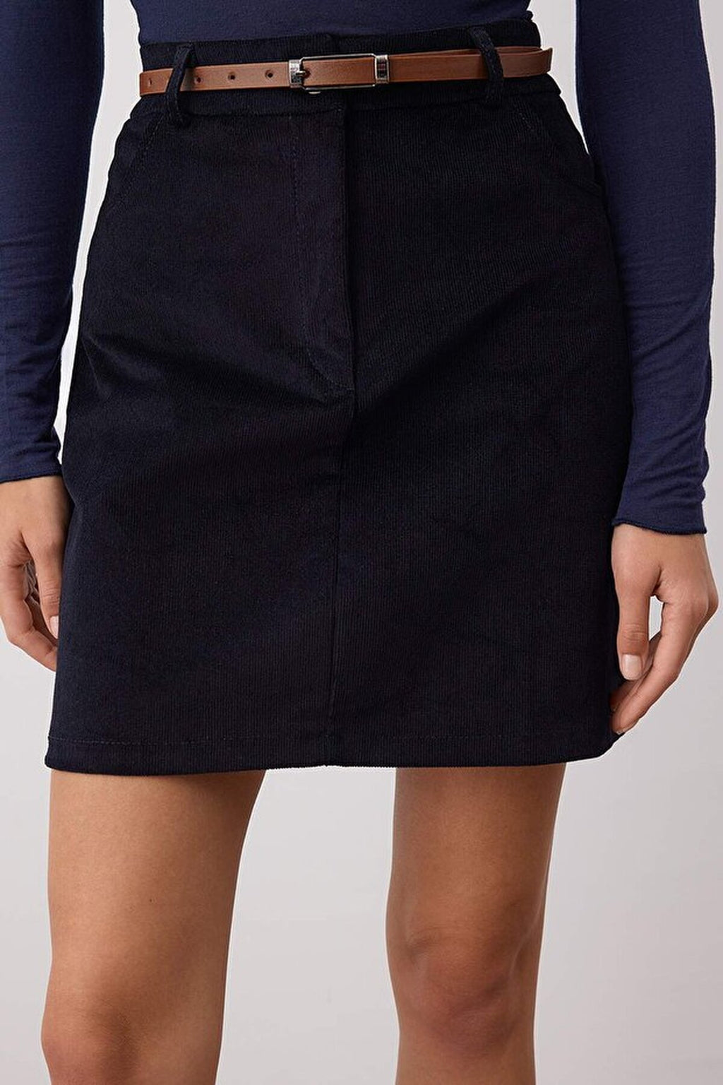 Belted A-Line Corduroy Mini Skirt