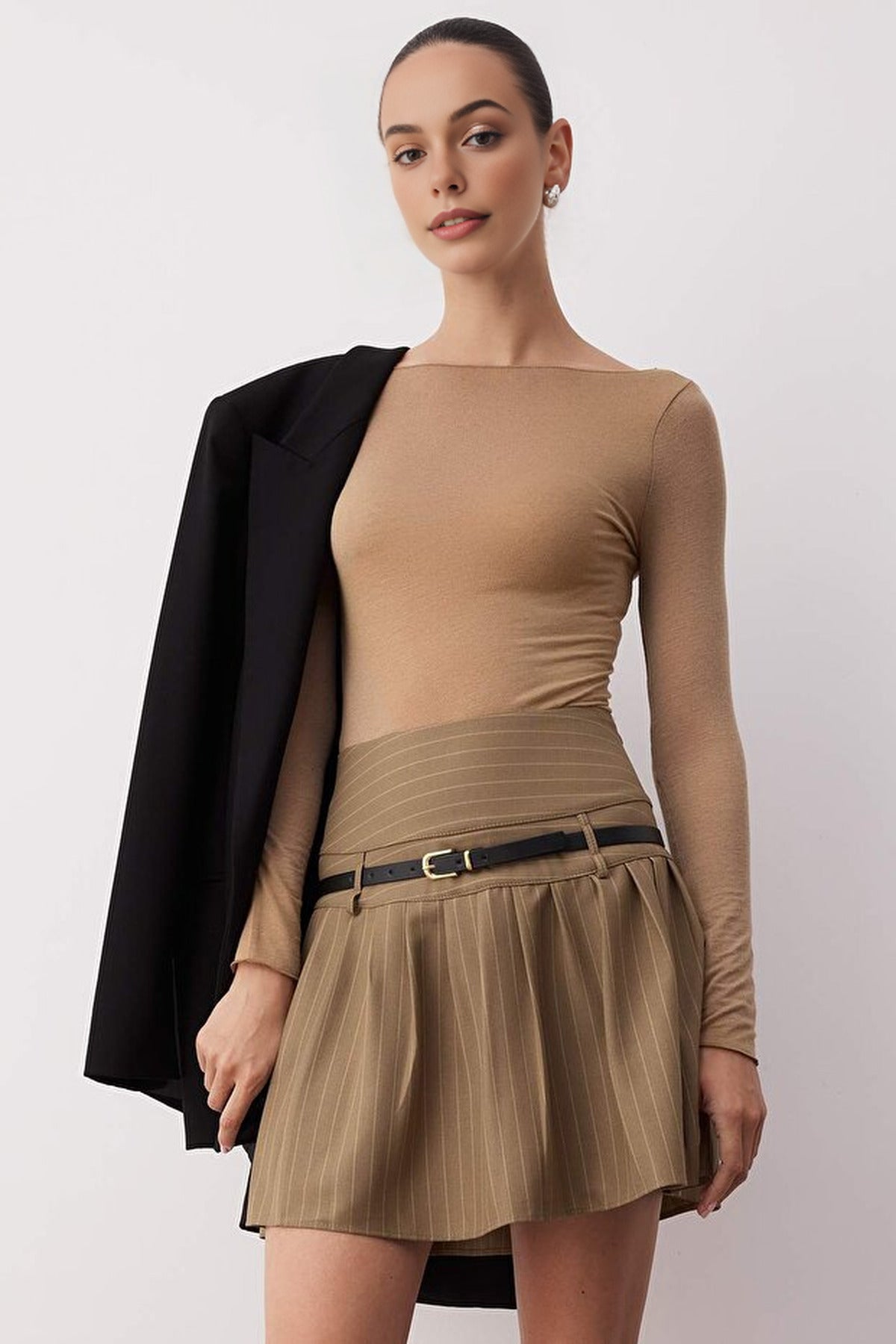 Striped High-Waisted Belted Pleated Mini Skirt