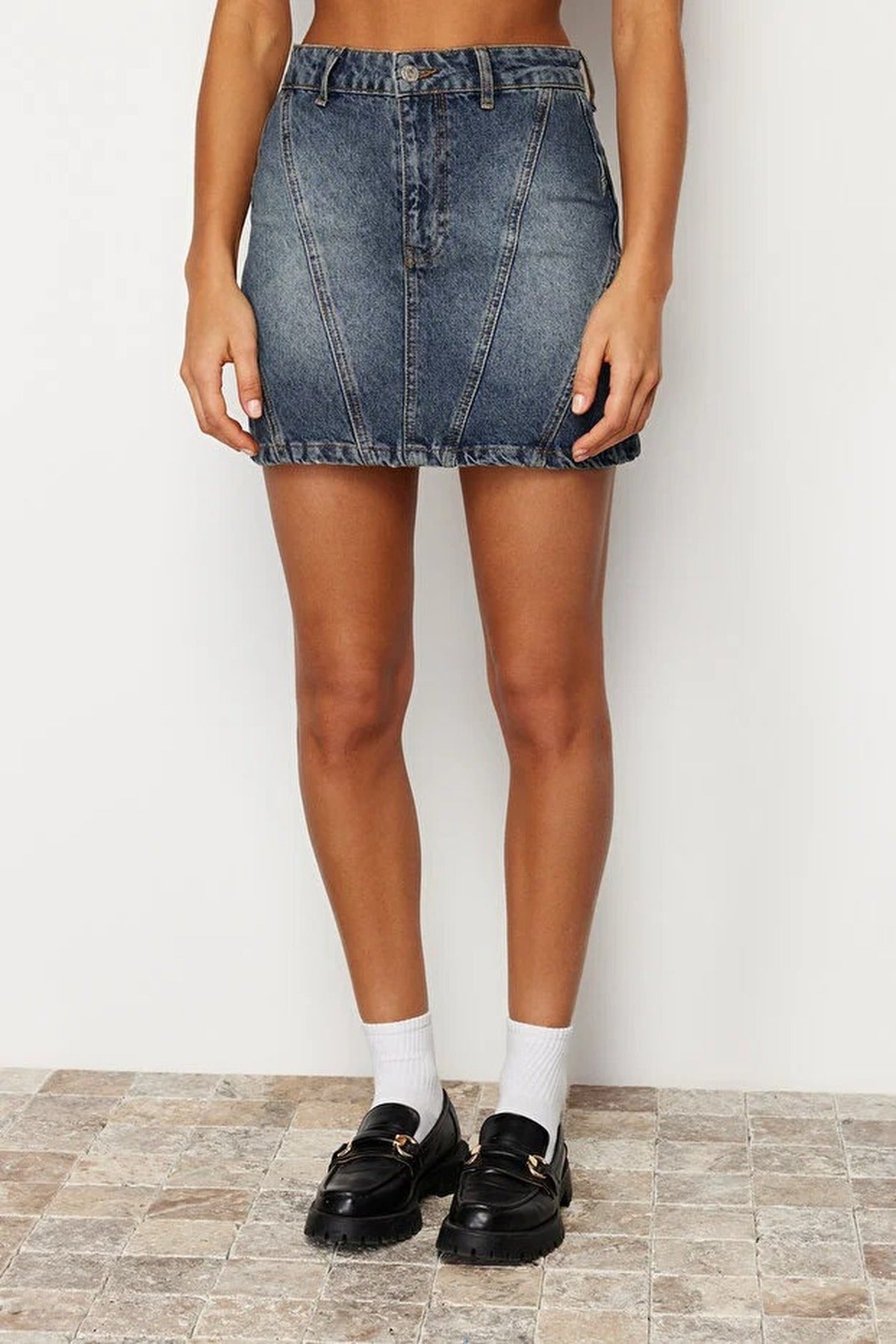 Faded Effect Vintage High Waist Mini Denim Skirt