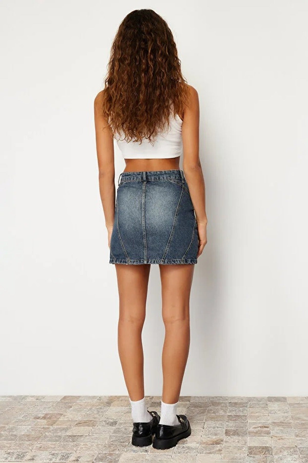Faded Effect Vintage High Waist Mini Denim Skirt