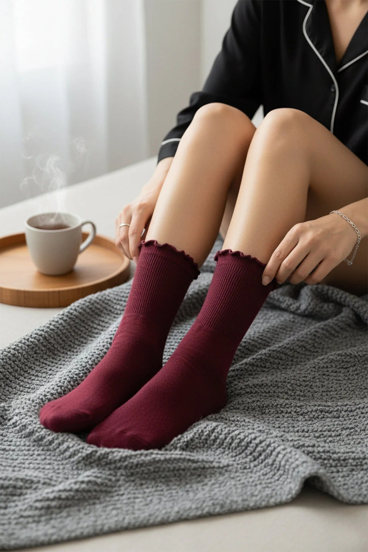 3-Pack Cotton Elastic Knit Socks with Lettuce Detail