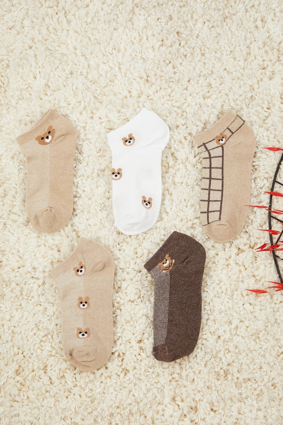 5-Pack Teddy Bear Knit Ankle Socks
