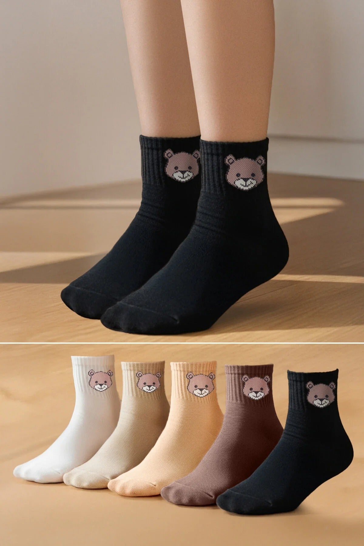 5-Pack Cotton Teddy Bear Knit Socks
