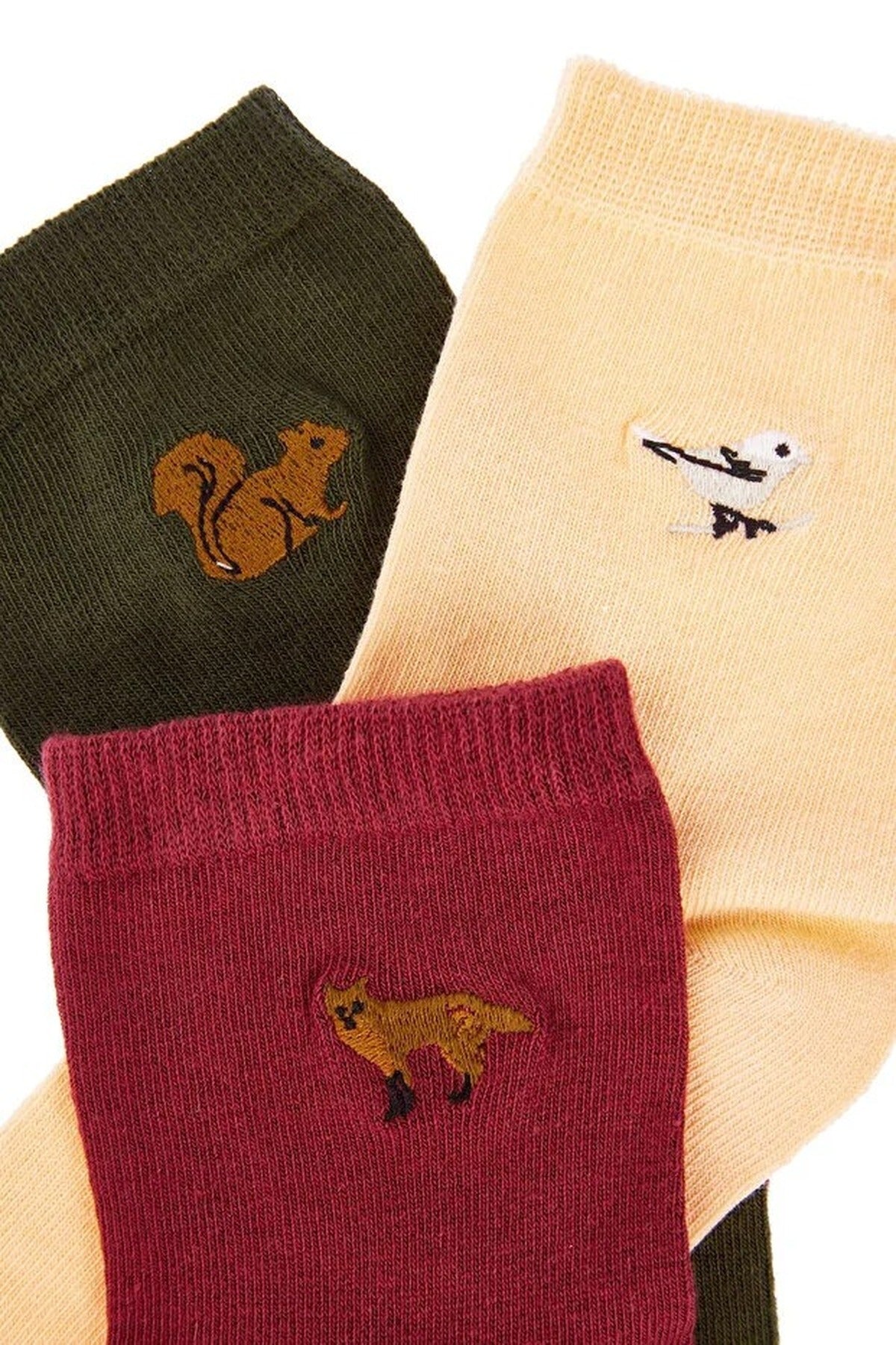 3-Pack Cotton Animal Embroidered Knit Socks