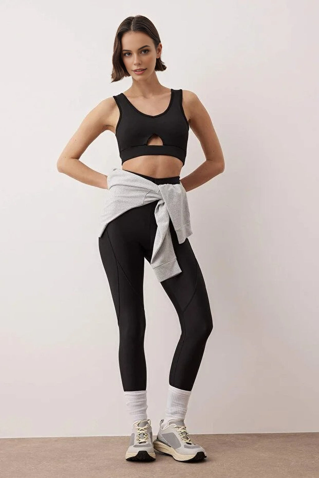 Supportive Knit Sports Bra with Cut Out and Tulle Detail