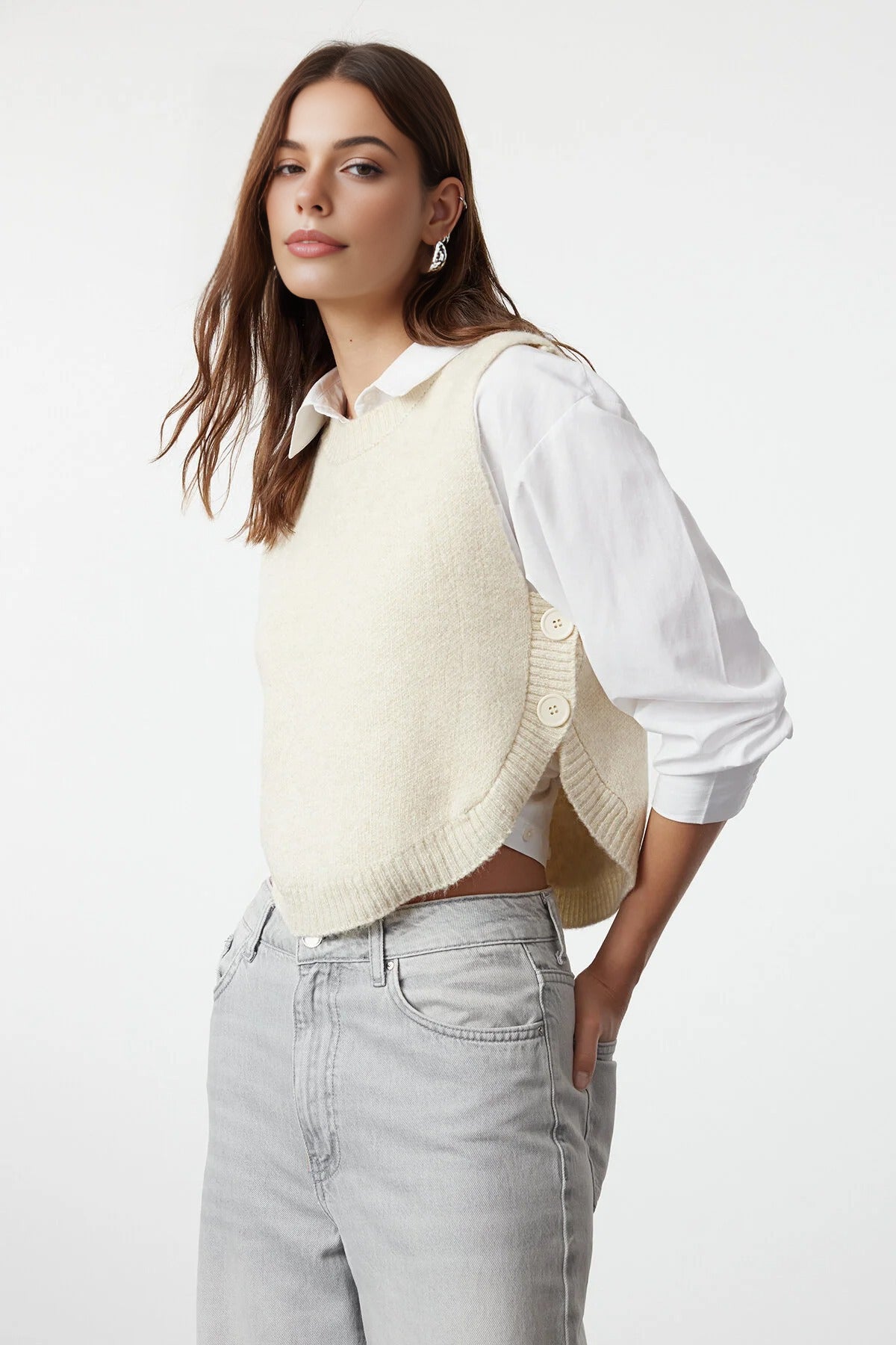 Crop Soft Texture Buttoned Knit Sweater