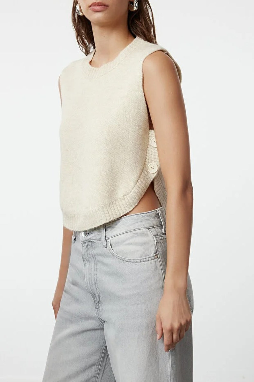 Crop Soft Texture Buttoned Knit Sweater