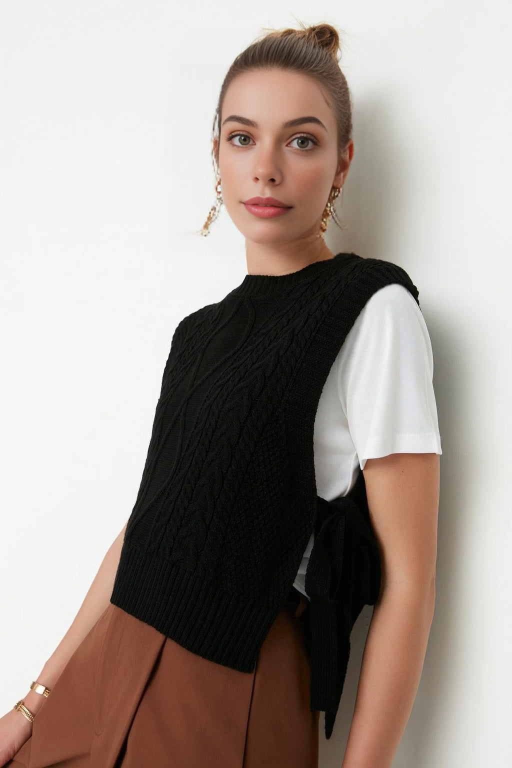 Crop Knit Sweater with Side Ribbon Tie Detail