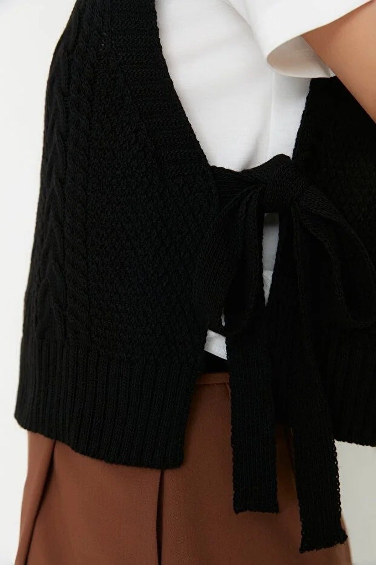 Crop Knit Sweater with Side Ribbon Tie Detail