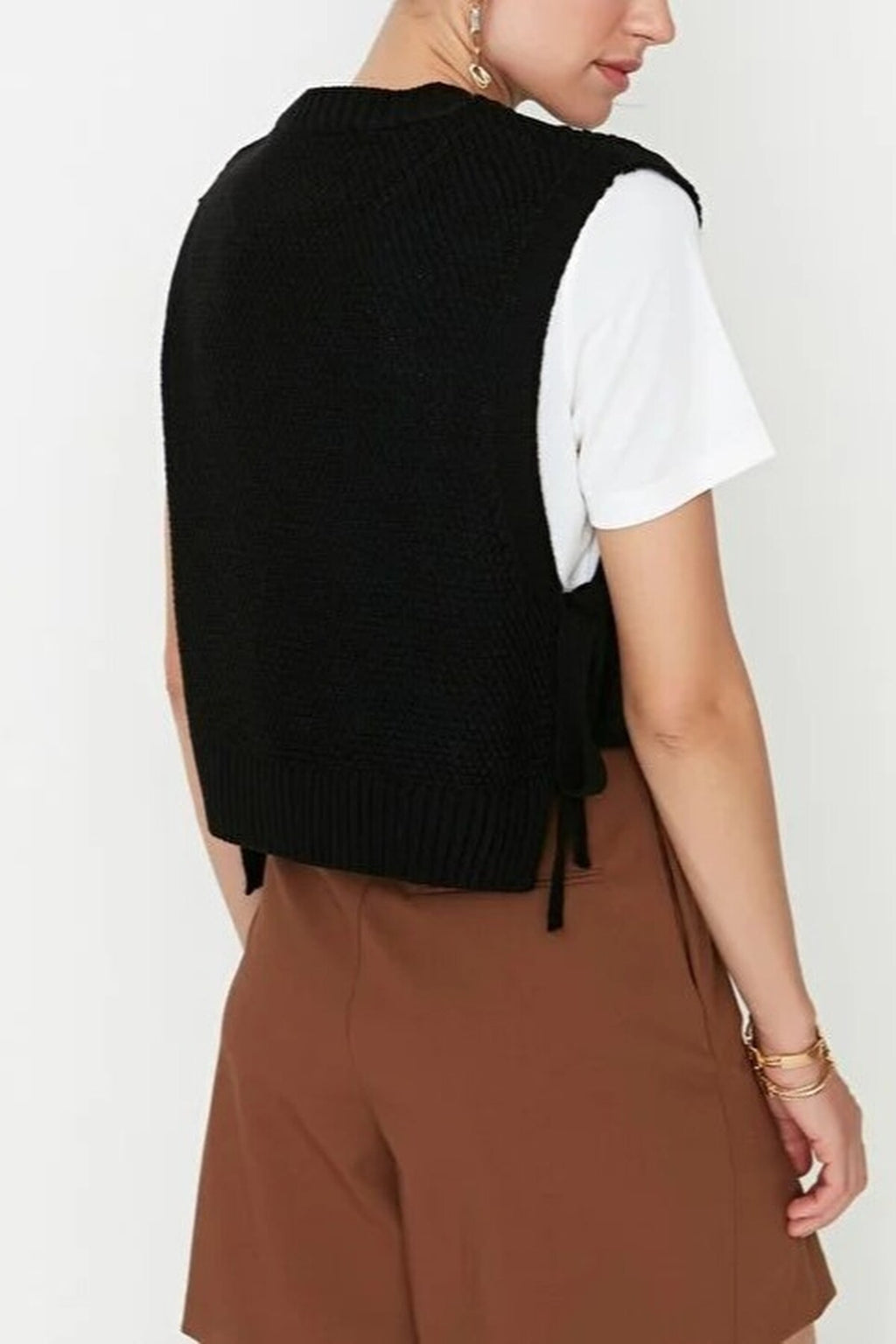 Crop Knit Sweater with Side Ribbon Tie Detail