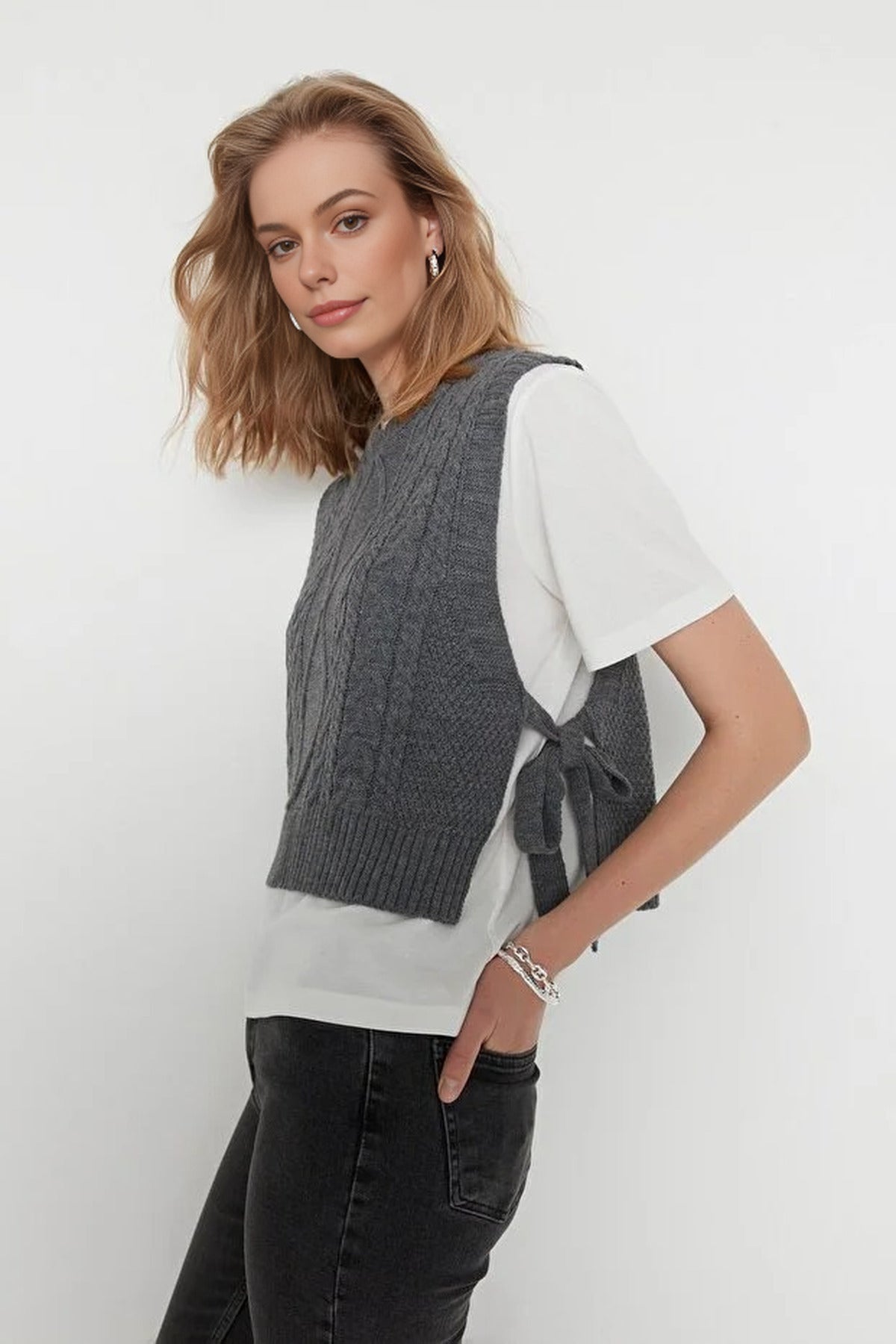Crop Knit Sweater with Side Ribbon Tie Detail