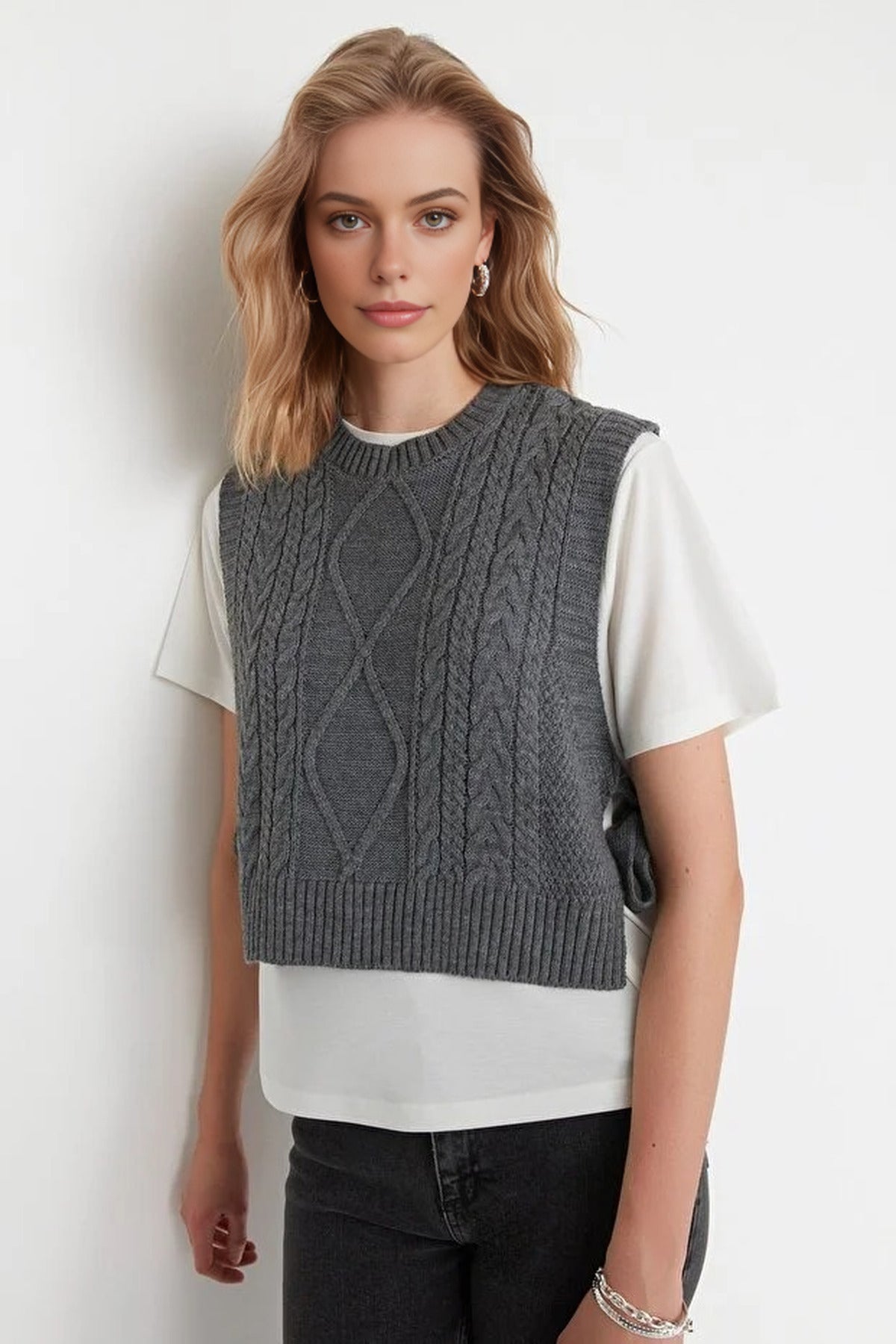 Crop Knit Sweater with Side Ribbon Tie Detail