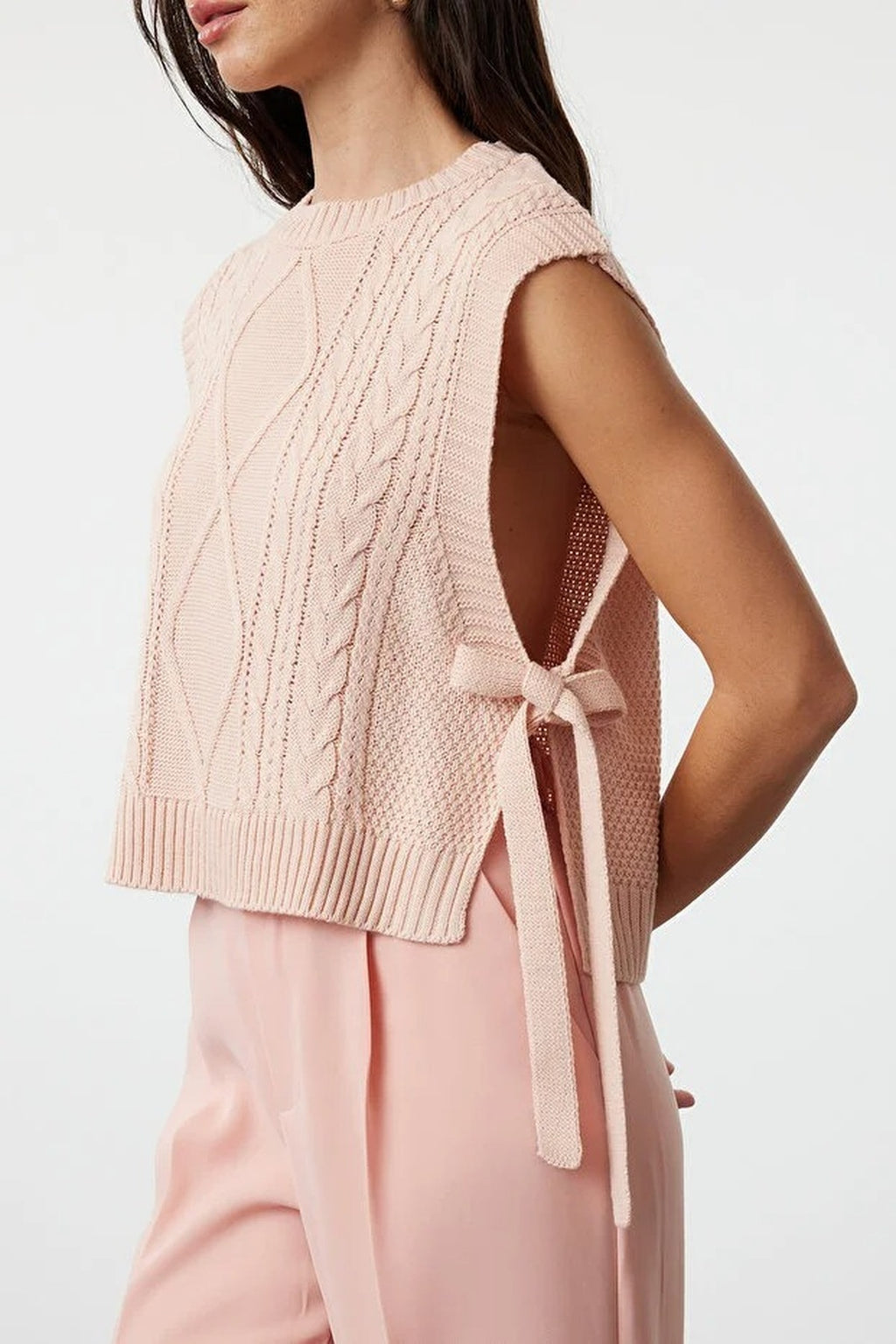 Crop Knit Sweater with Side Ribbon Tie Detail