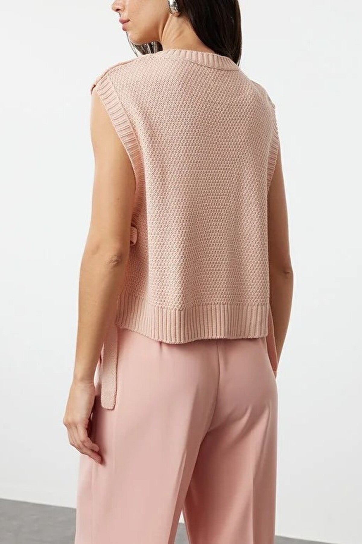 Crop Knit Sweater with Side Ribbon Tie Detail