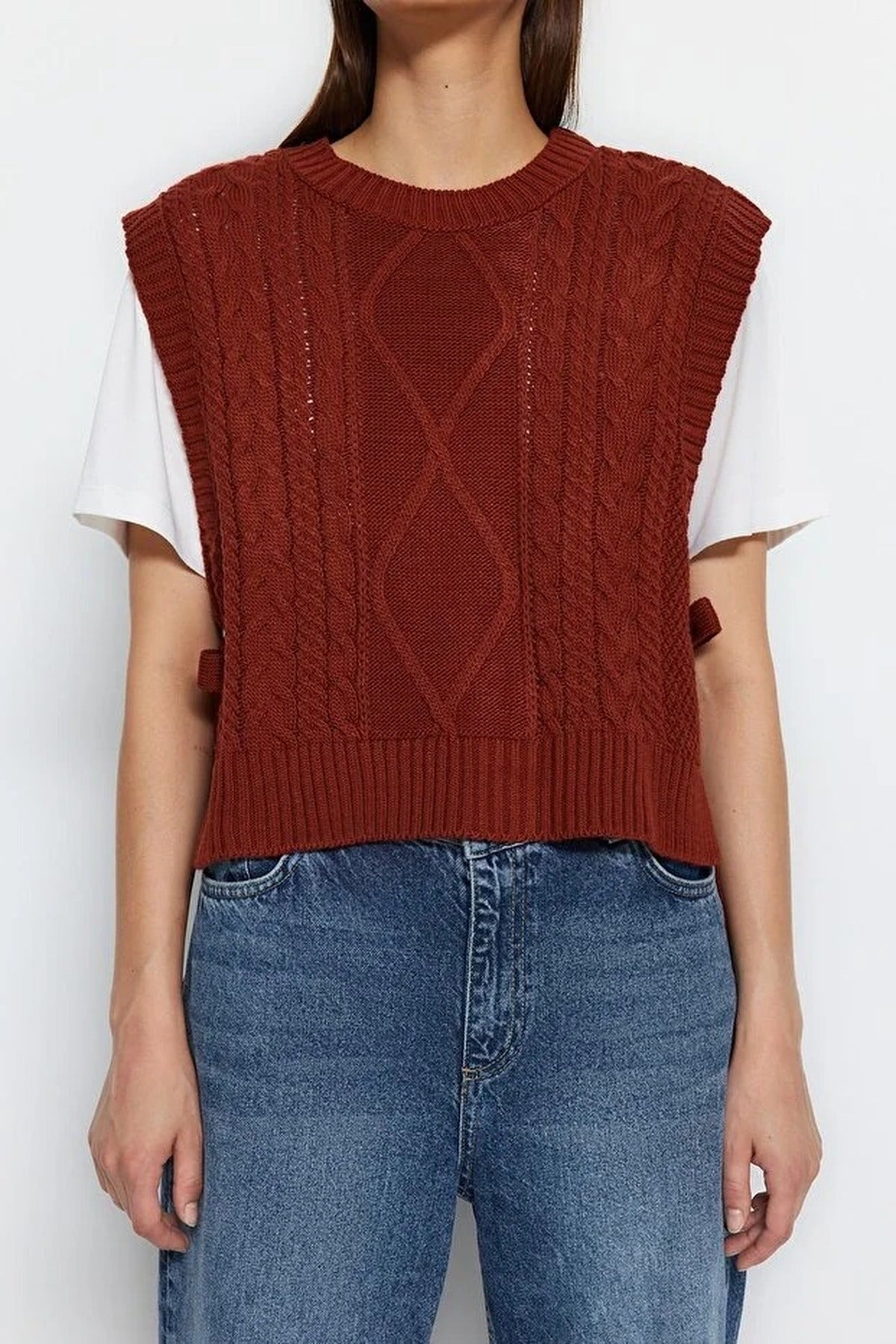 Crop Knit Sweater with Side Ribbon Tie Detail