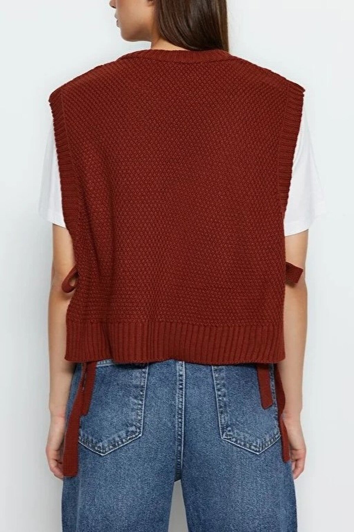 Crop Knit Sweater with Side Ribbon Tie Detail