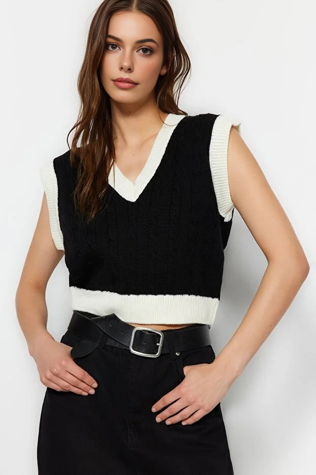 Crop Color-Block Hair Knit Sweater