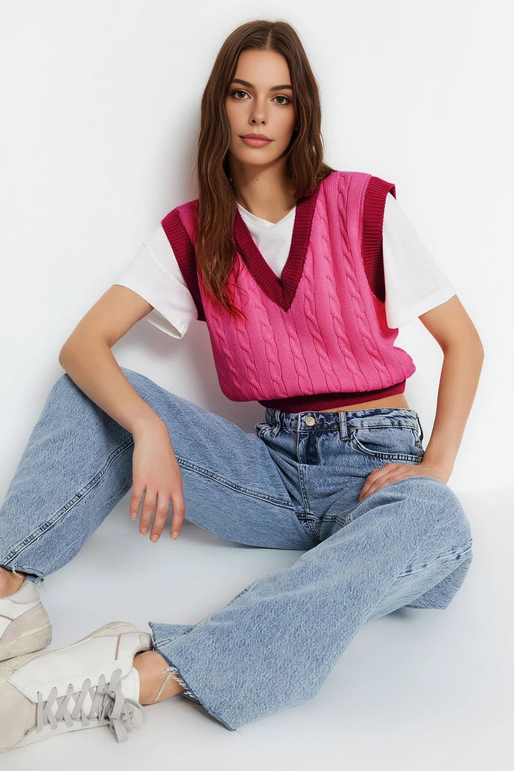 Crop Color-Block Hair Knit Sweater