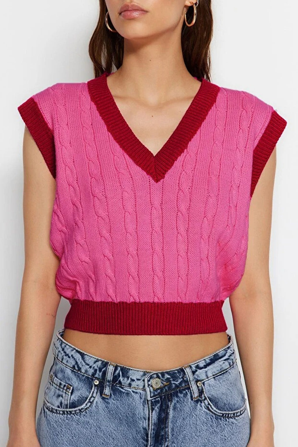 Crop Color-Block Hair Knit Sweater