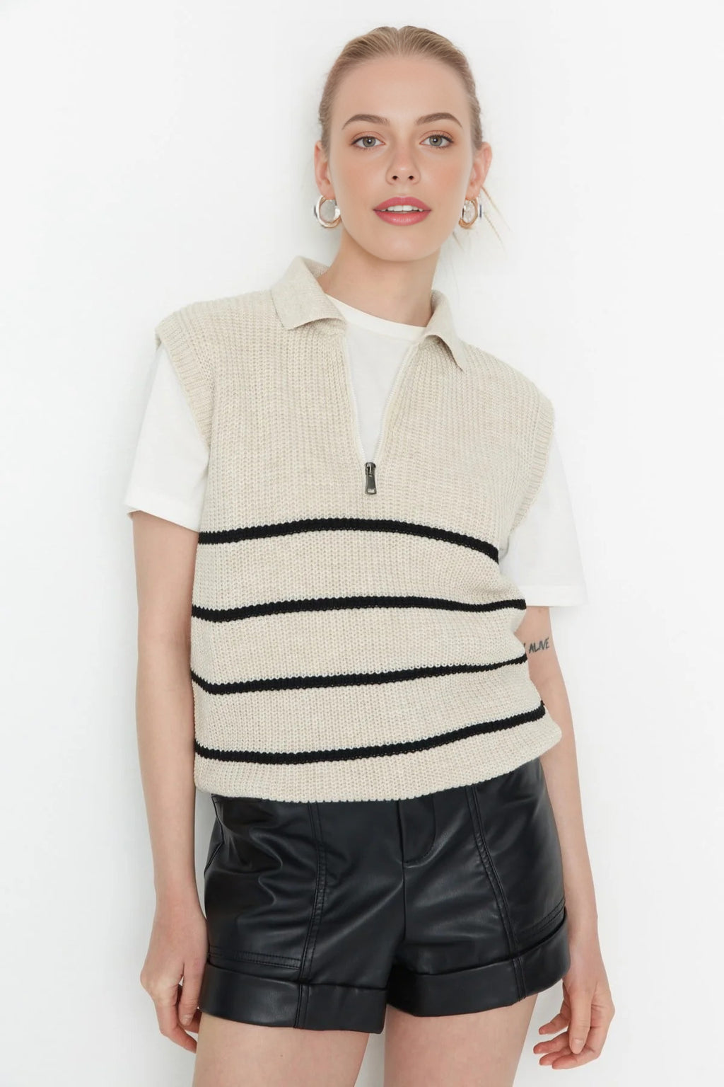 Zippered Striped Polo Neck Knit Sweater