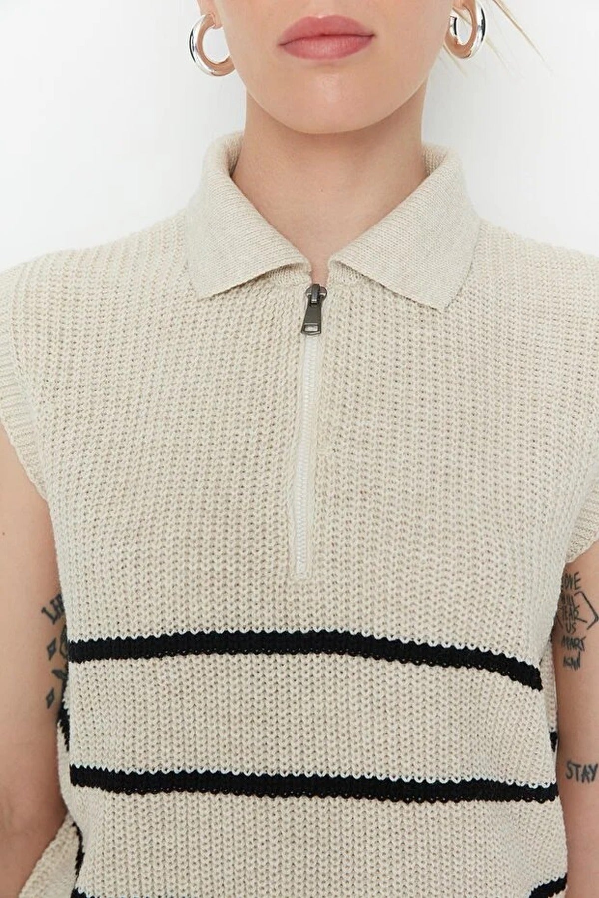 Zippered Striped Polo Neck Knit Sweater