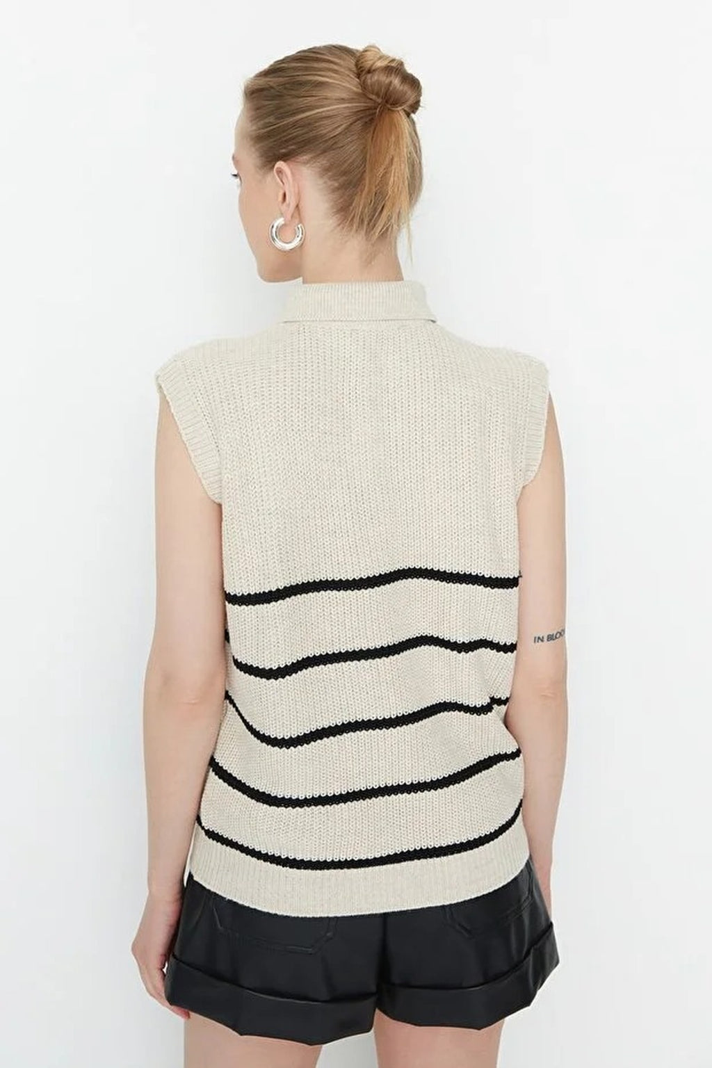 Zippered Striped Polo Neck Knit Sweater