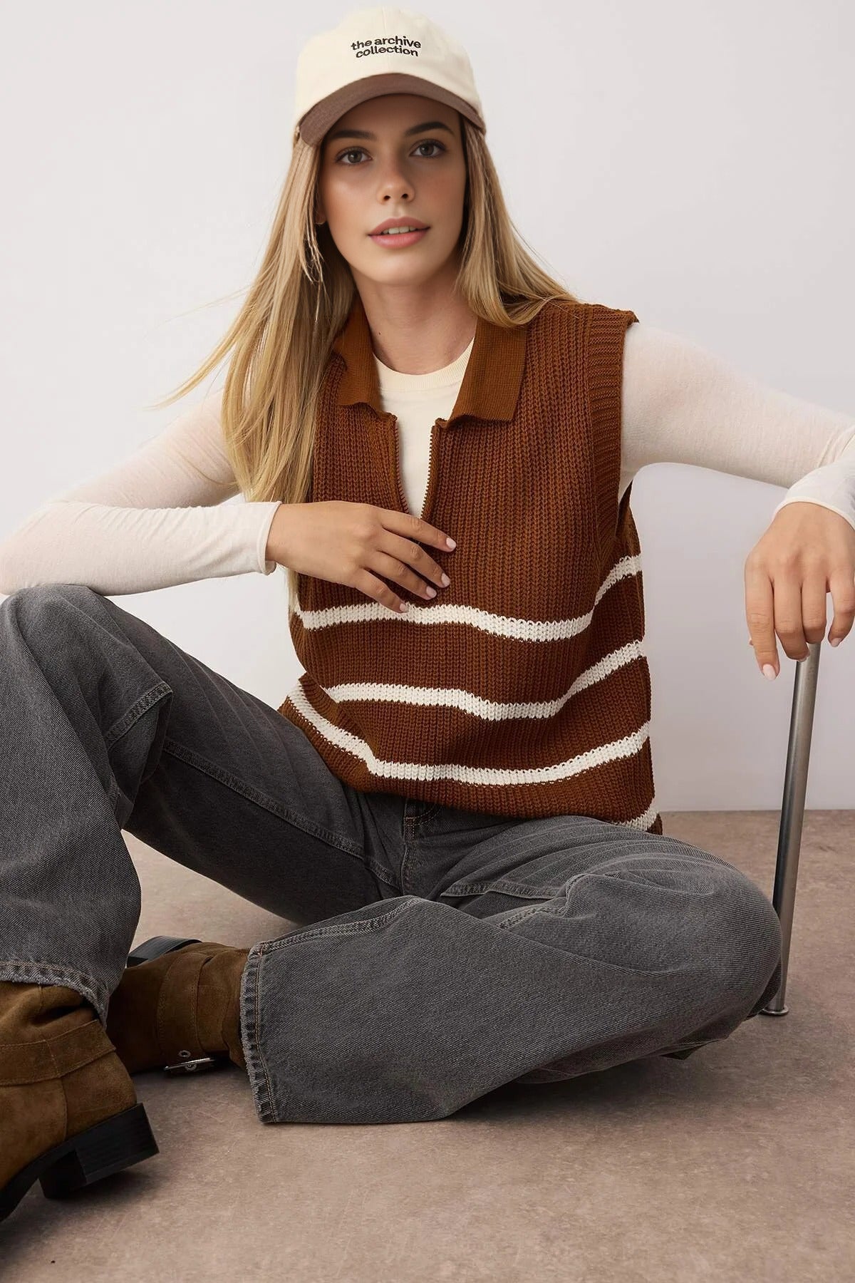Zippered Striped Polo Neck Knit Sweater