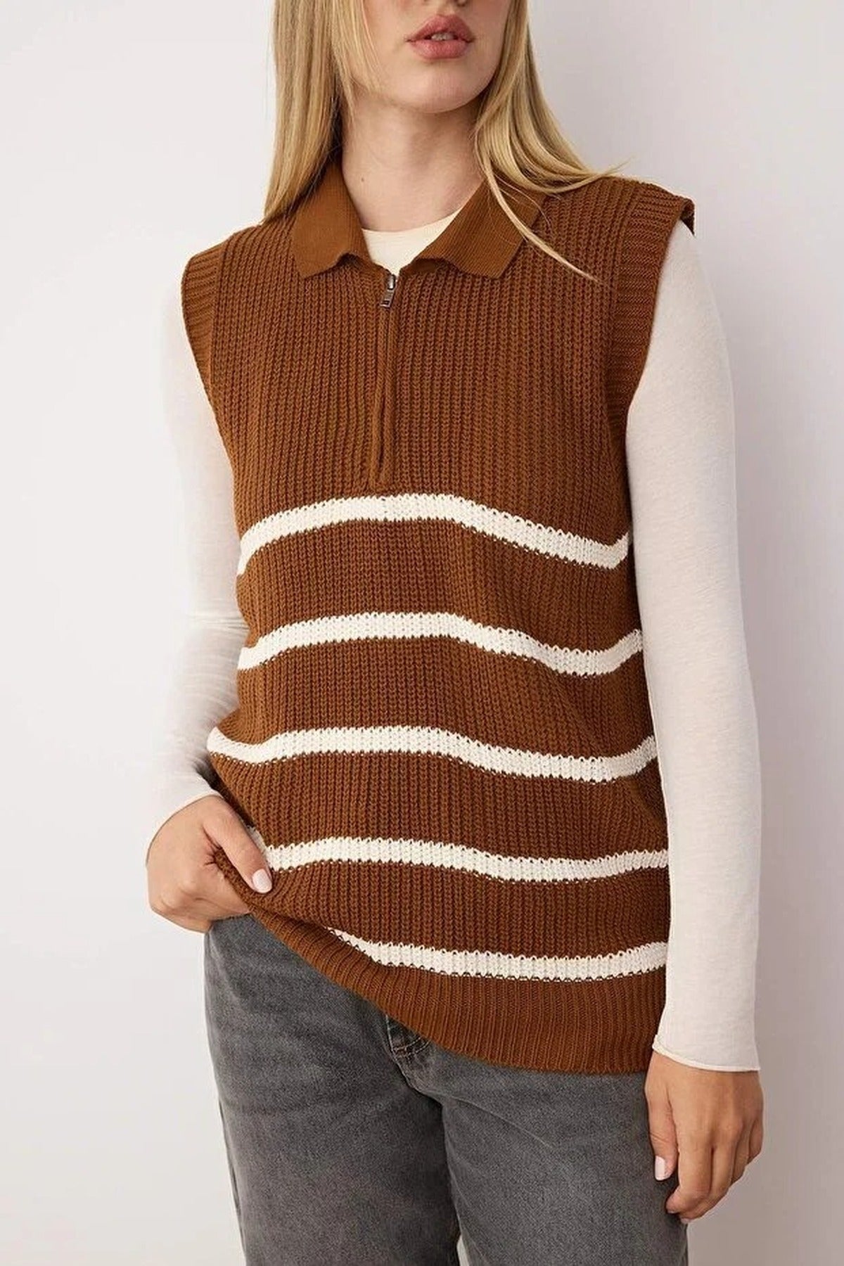 Zippered Striped Polo Neck Knit Sweater