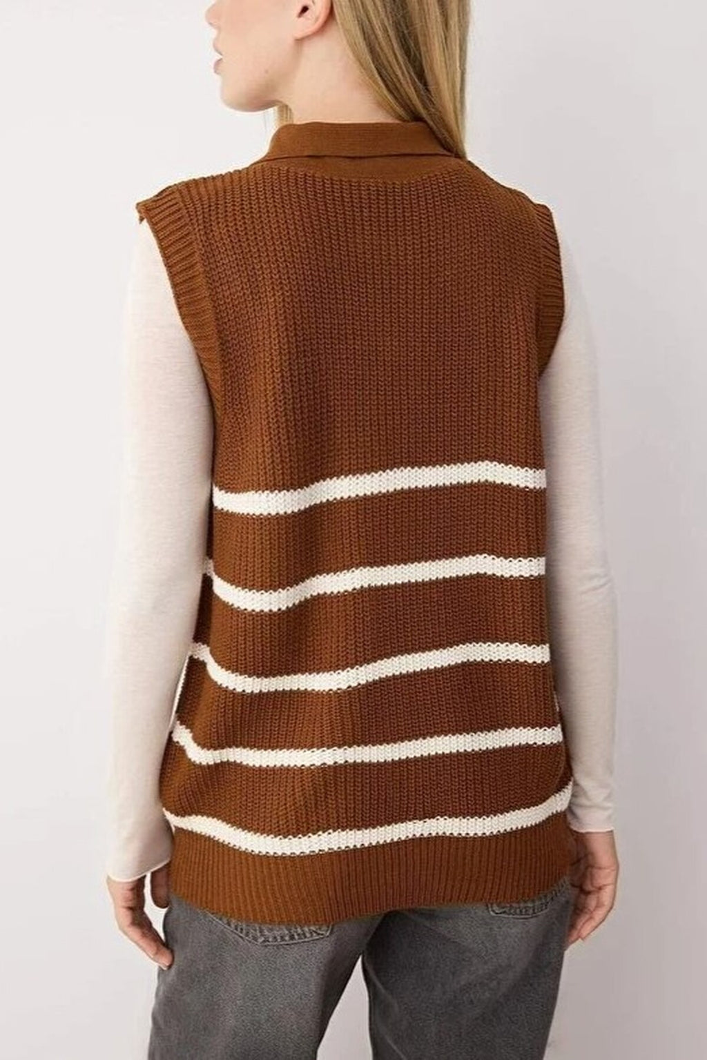 Zippered Striped Polo Neck Knit Sweater