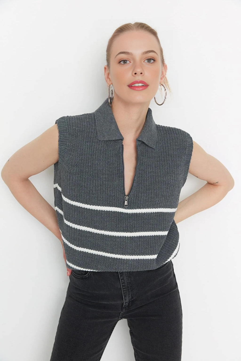 Zippered Striped Polo Neck Knit Sweater