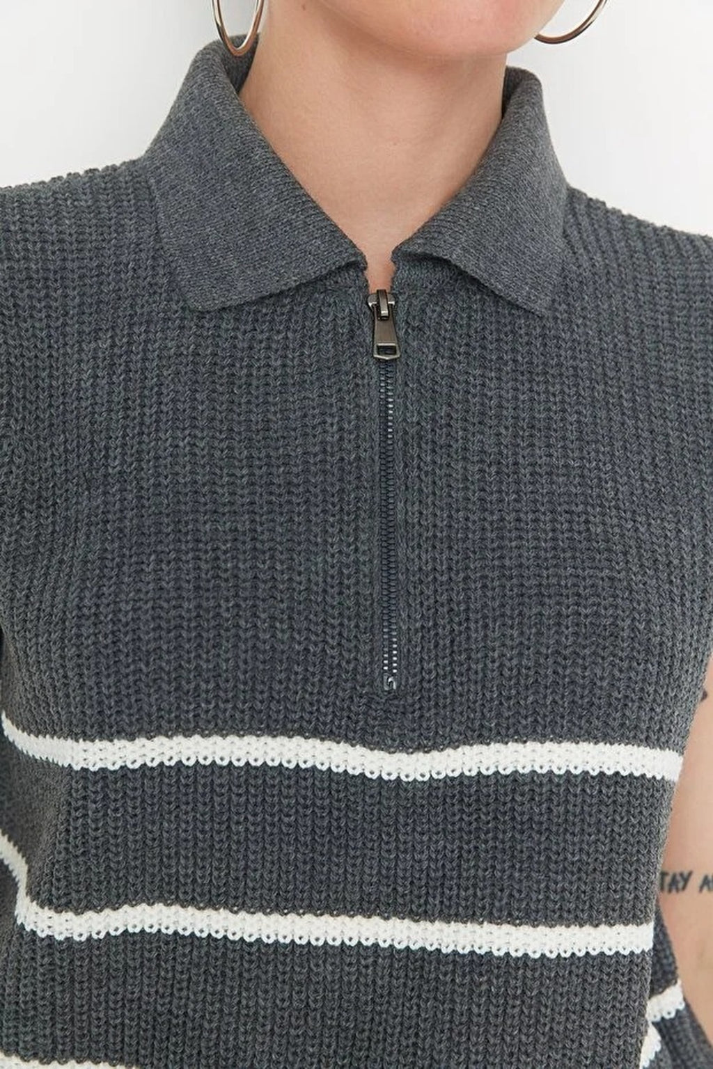 Zippered Striped Polo Neck Knit Sweater