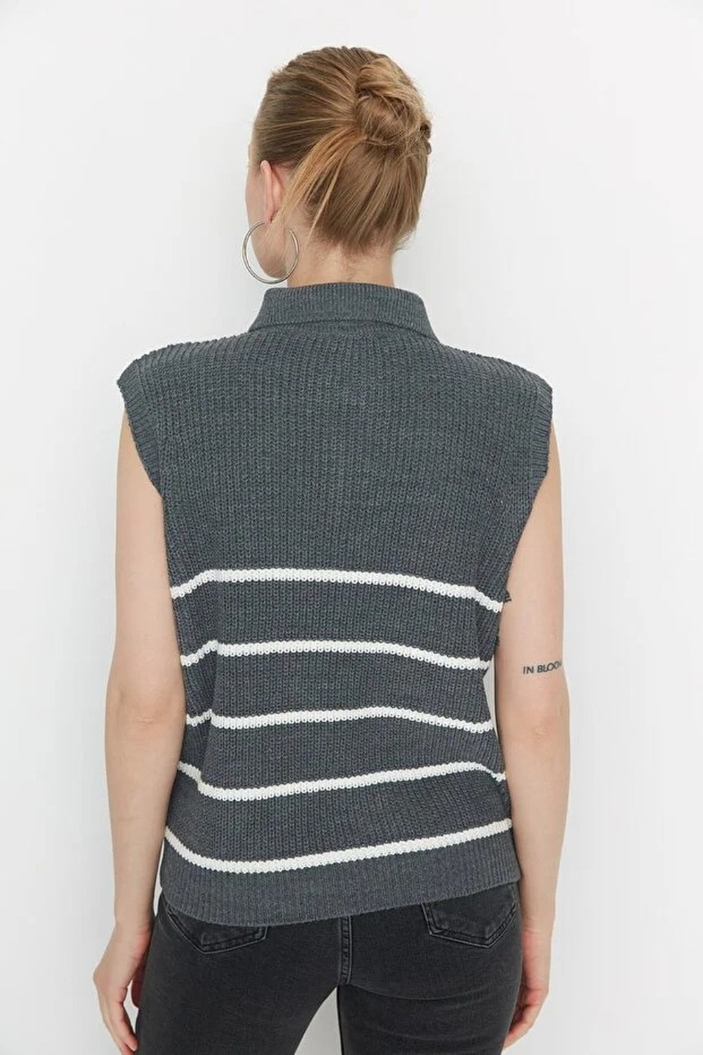 Zippered Striped Polo Neck Knit Sweater