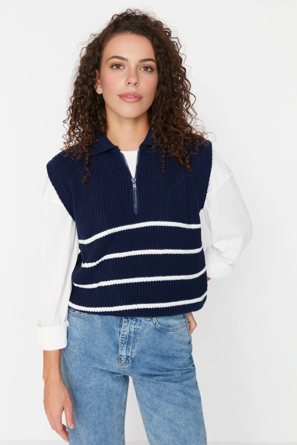 Zippered Striped Polo Neck Knit Sweater