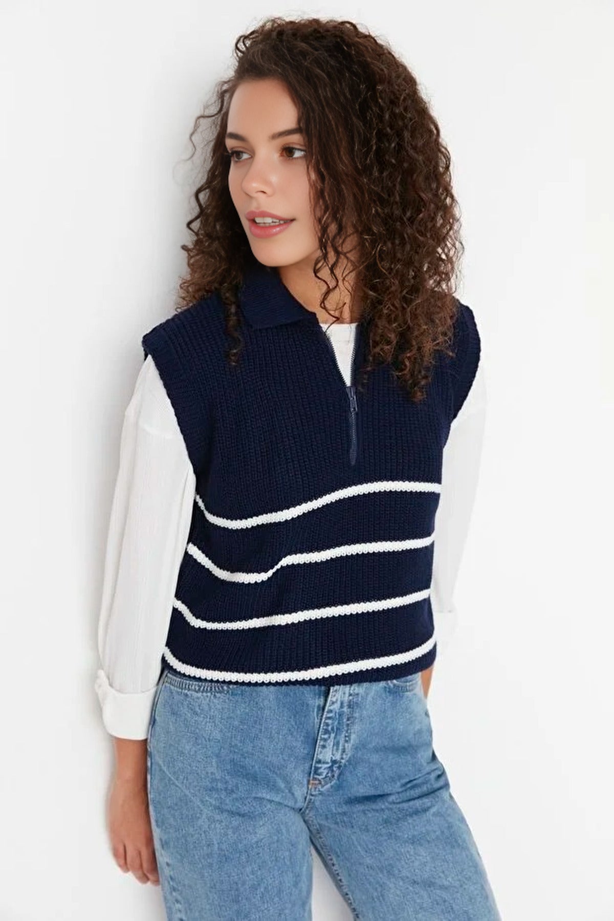 Zippered Striped Polo Neck Knit Sweater