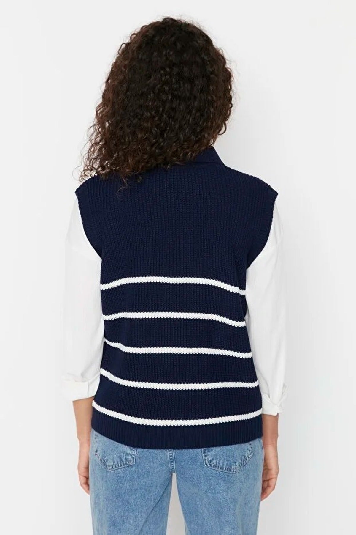 Zippered Striped Polo Neck Knit Sweater