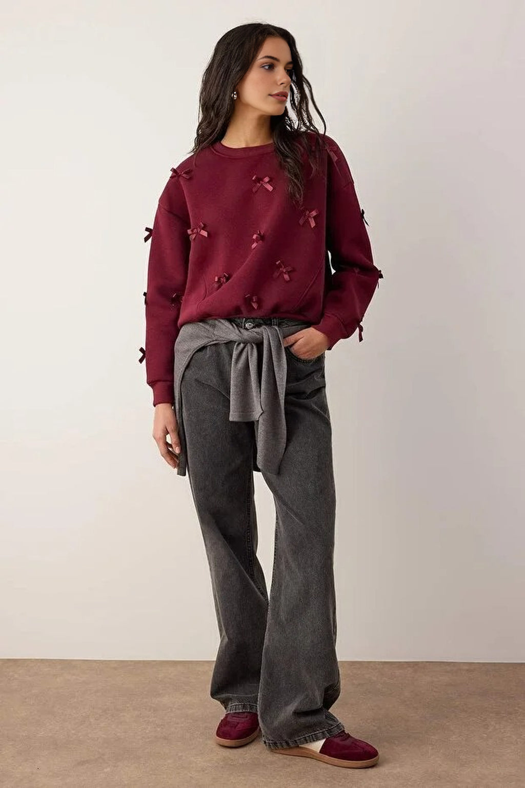 Thick Fleece Knitted Sweatshirt with Ribbon Detail