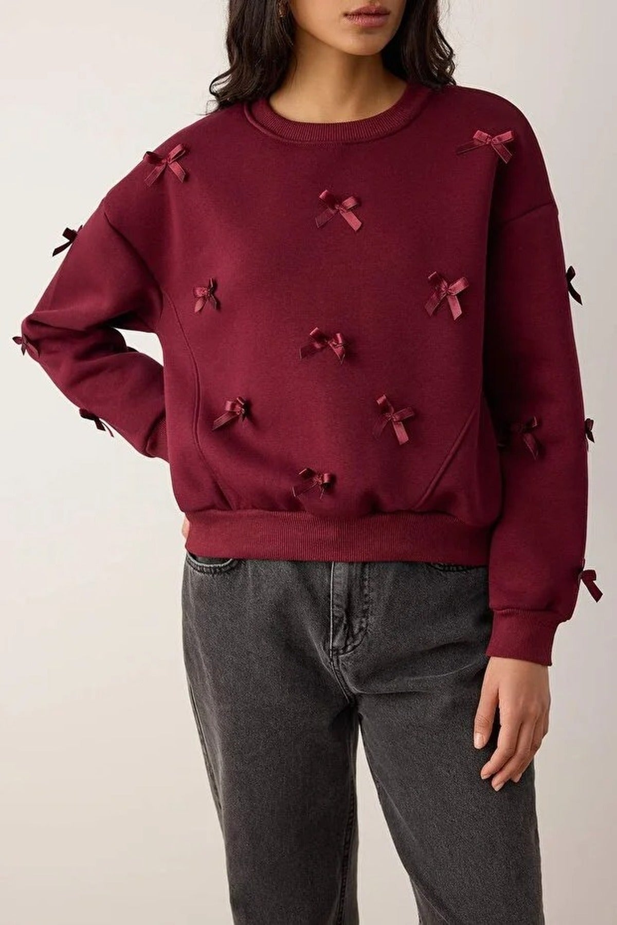Thick Fleece Knitted Sweatshirt with Ribbon Detail