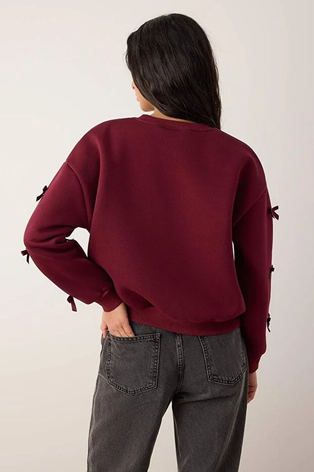 Thick Fleece Knitted Sweatshirt with Ribbon Detail