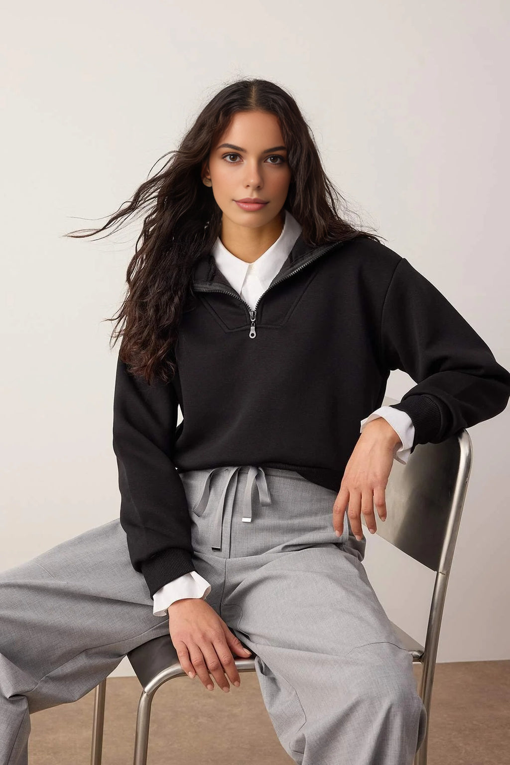 Stand Collar Half Zipper Crop Knit Sweatshirt with Thick Fleece Inside
