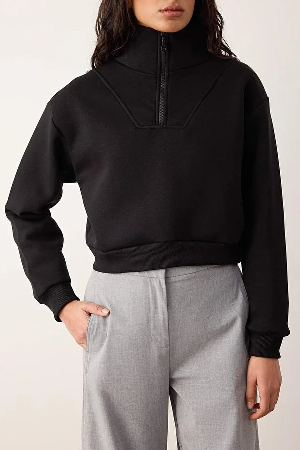 Stand Collar Half Zipper Crop Knit Sweatshirt with Thick Fleece Inside