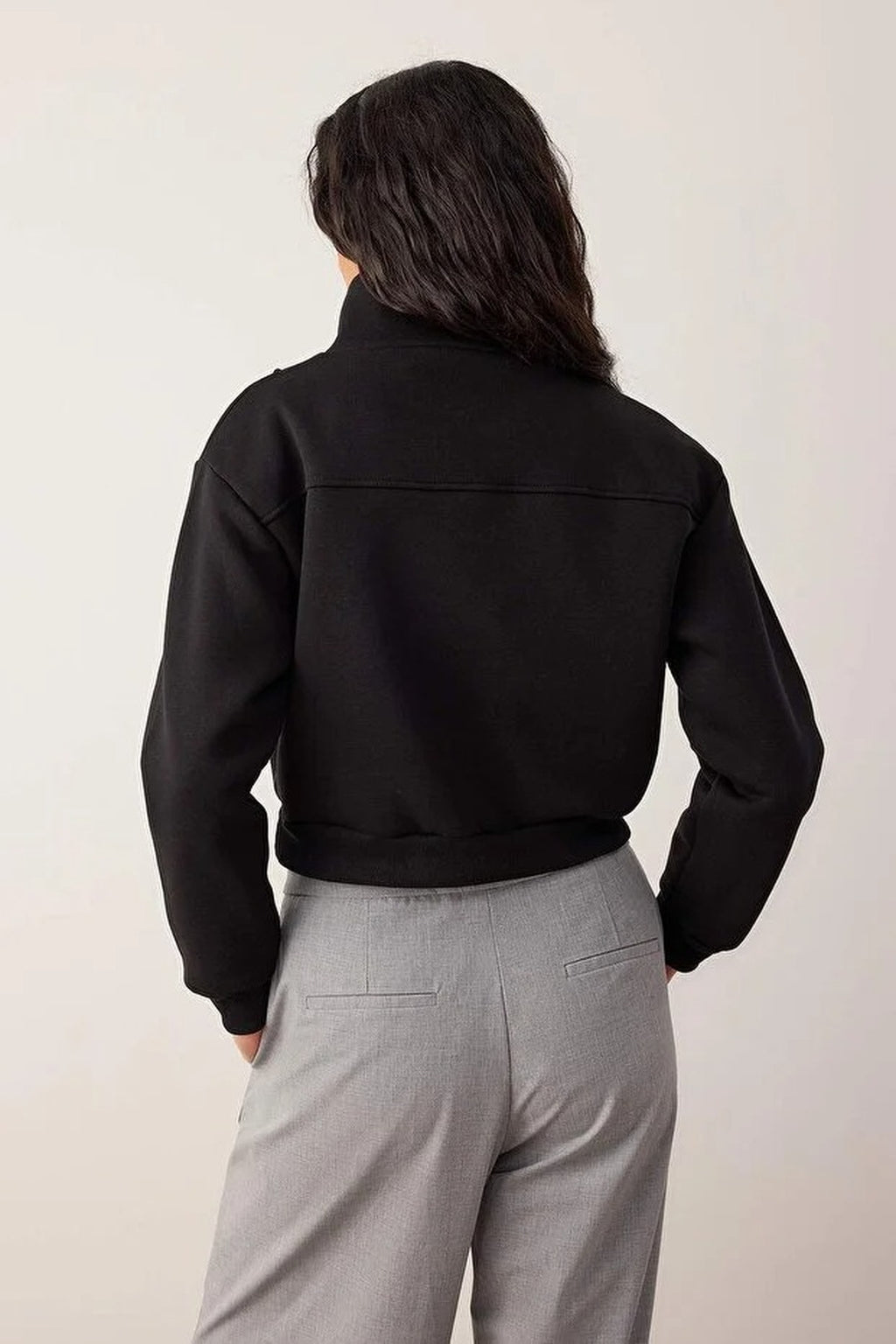 Stand Collar Half Zipper Crop Knit Sweatshirt with Thick Fleece Inside