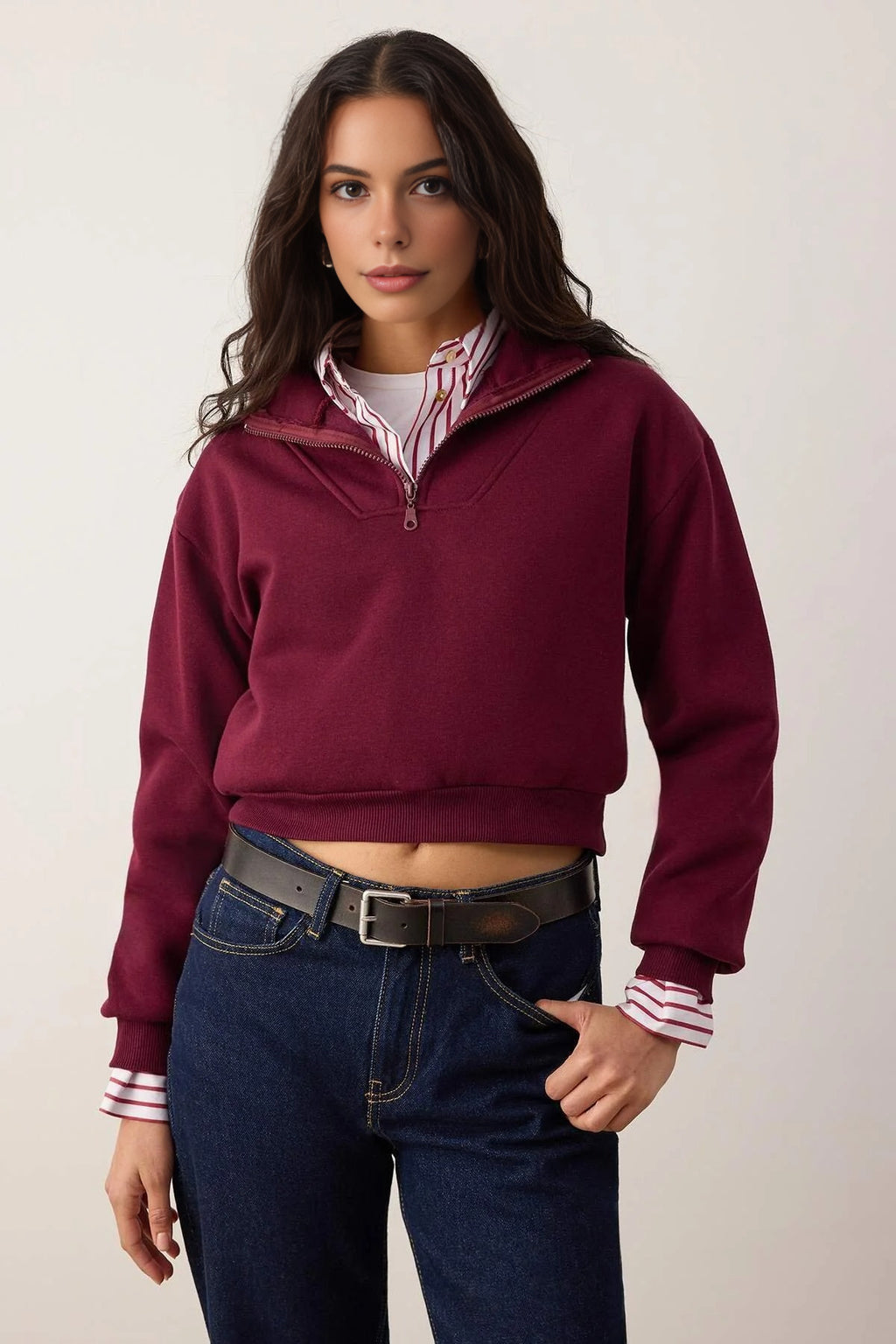 Stand Collar Half Zipper Crop Knit Sweatshirt with Thick Fleece Inside