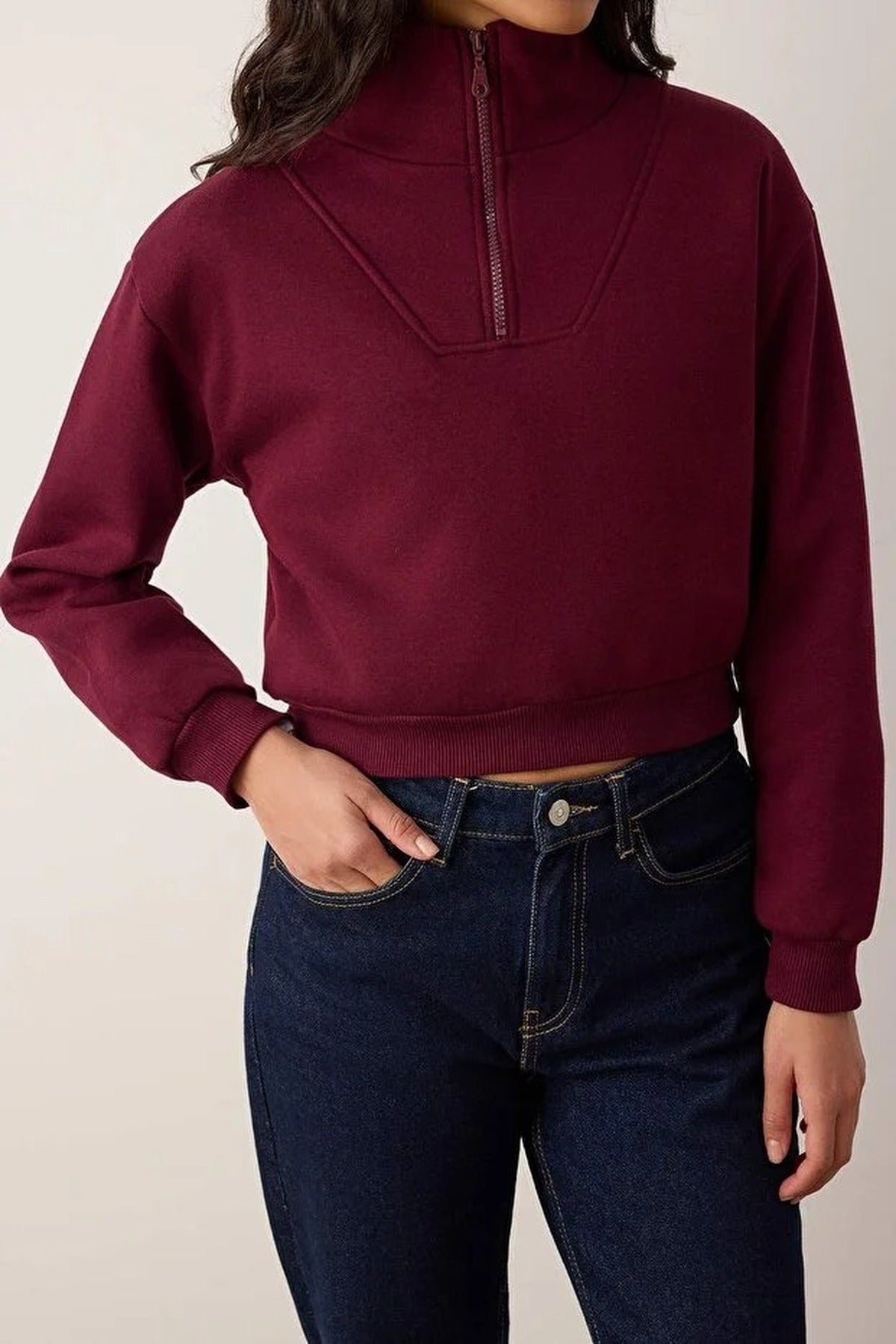 Stand Collar Half Zipper Crop Knit Sweatshirt with Thick Fleece Inside